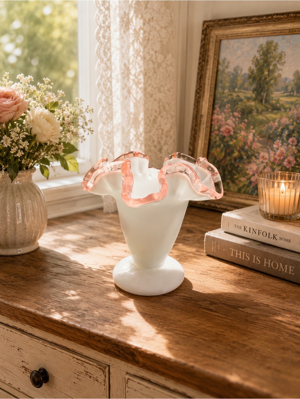 Art Glass Ruffled Vase with Pink Rim